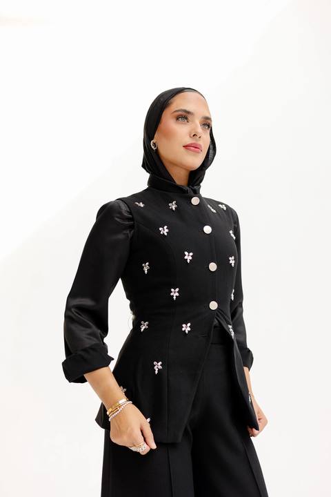 The Hand-Beaded Sculpted Vest in Black