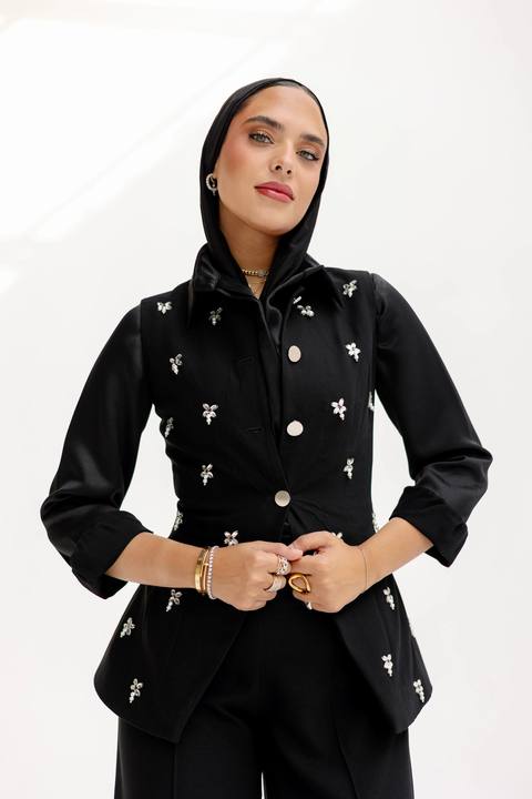 The Hand-Beaded Sculpted Vest in Black