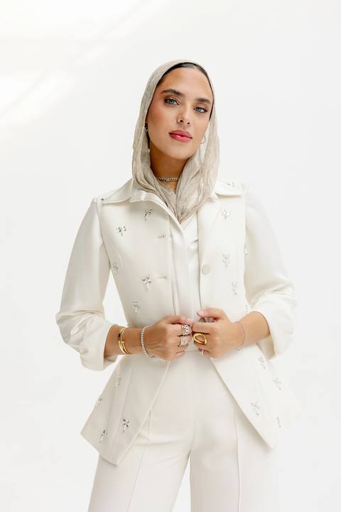 The Hand-Beaded Sculpted Vest in Off-White