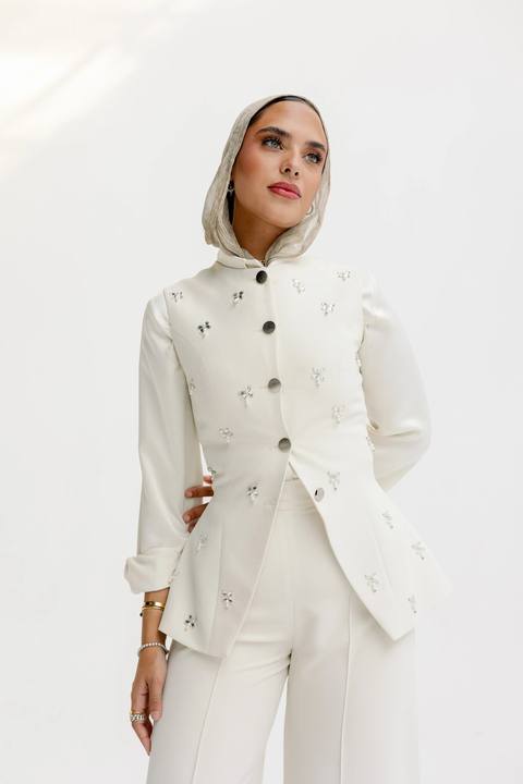 The Hand-Beaded Sculpted Vest in Off-White