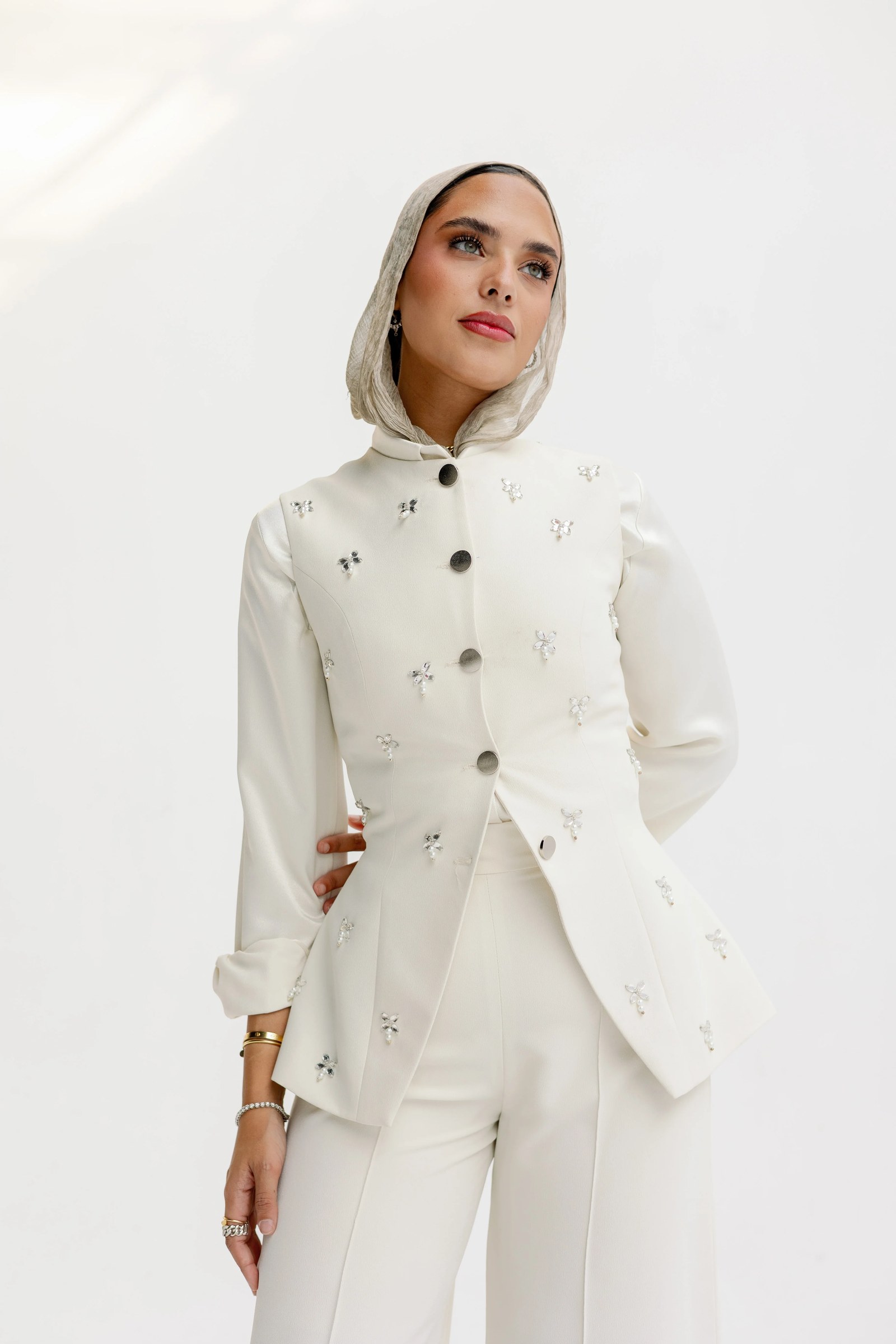 The Hand-Beaded Sculpted Vest in Off-White