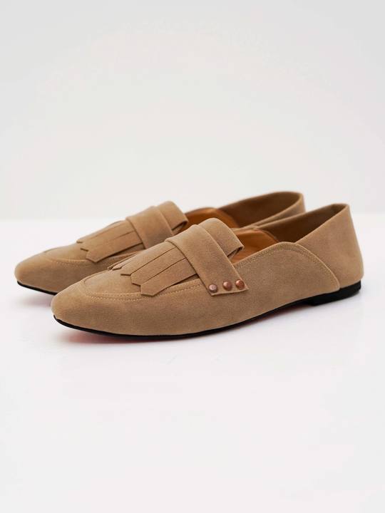 Beige Fringed Square Toe Loafers
