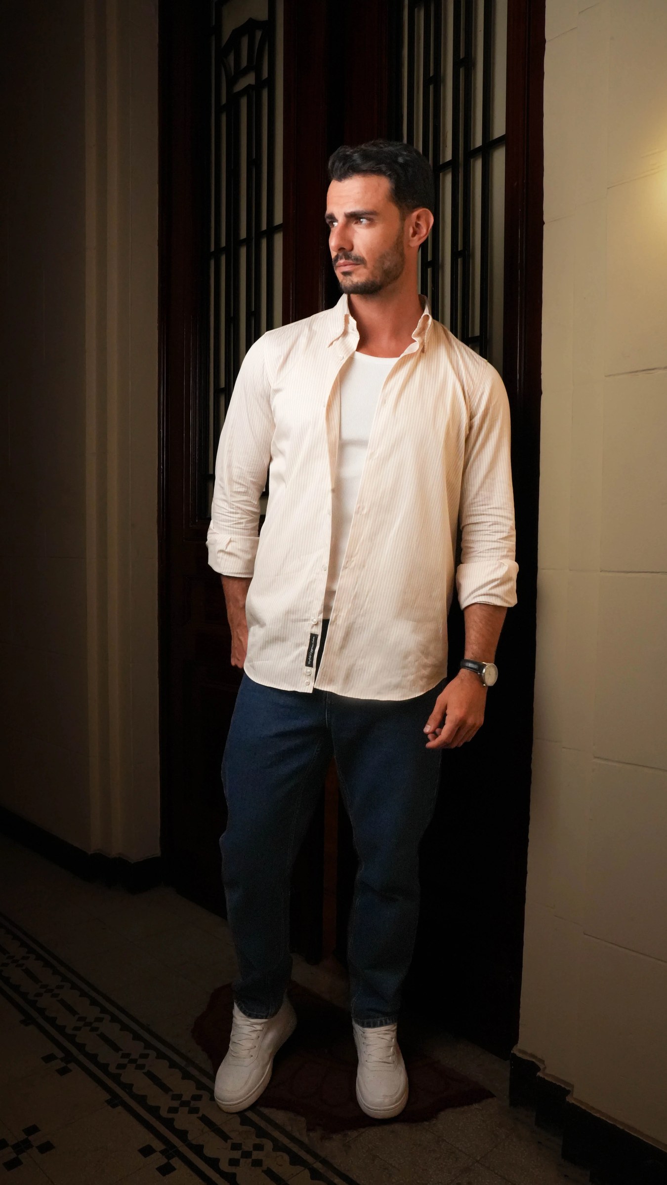 Striped Beige And white Twill shirt