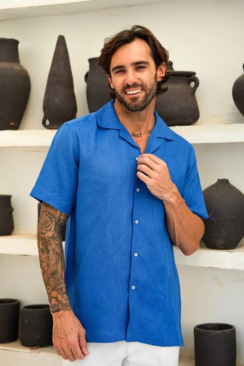 Blue Linen Half Sleeve Resort Collar Shirt