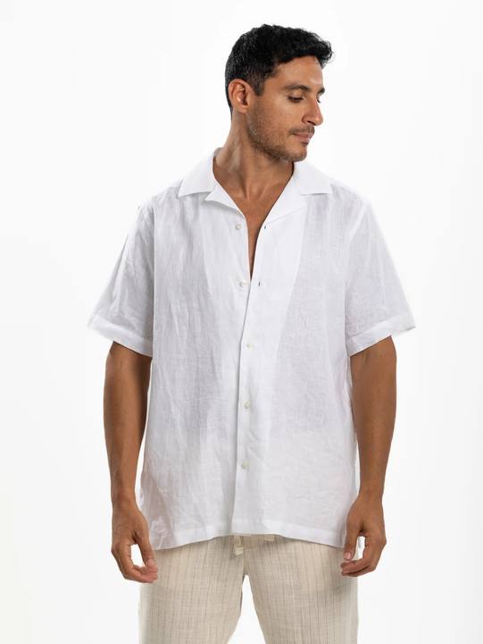 White Linen Half Sleeve Resort Collar Shirt