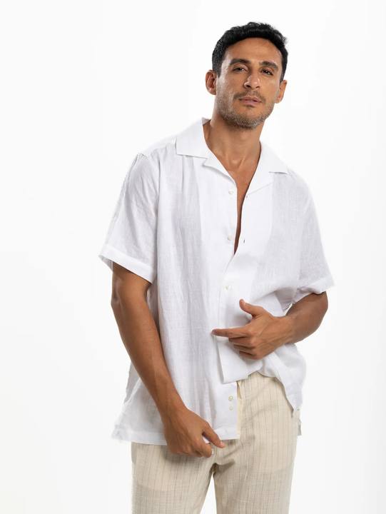 White Linen Half Sleeve Resort Collar Shirt