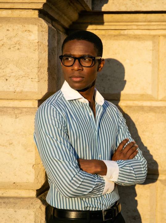 Green Striped Poplin White Collar and Cuff Shirt