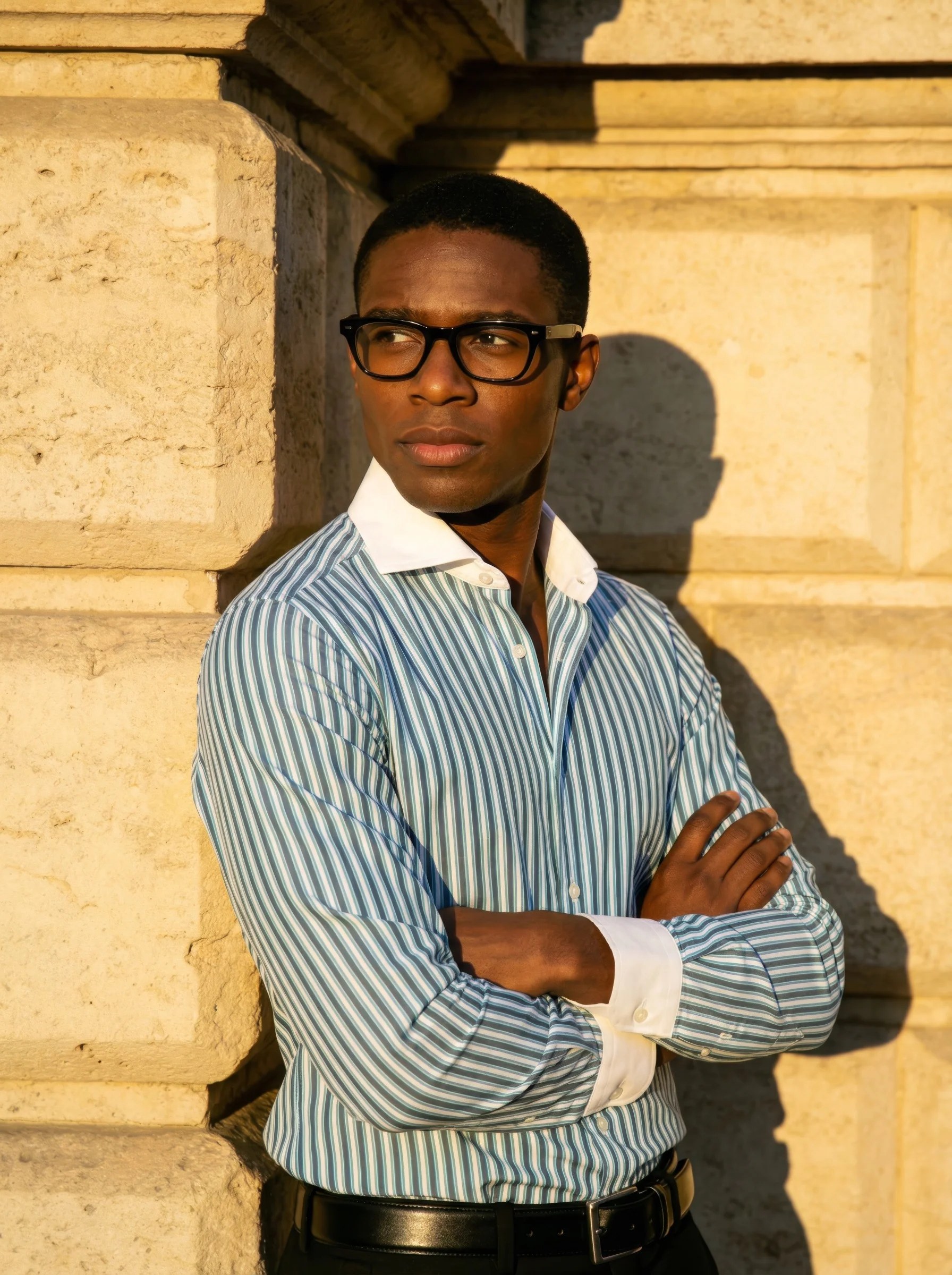 Green Striped Poplin White Collar and Cuff Shirt