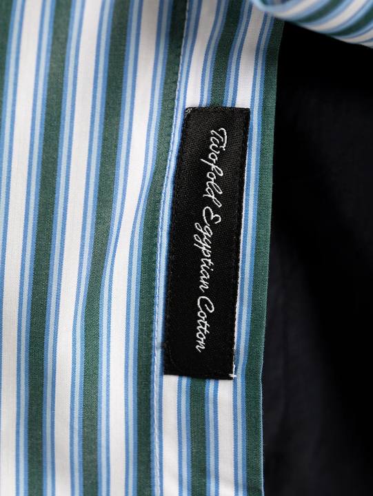 Green Striped Poplin White Collar and Cuff Shirt