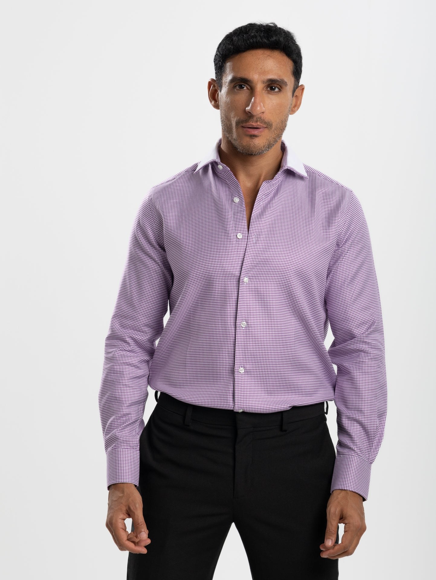 Purple Houndstooth White Collar Shirt