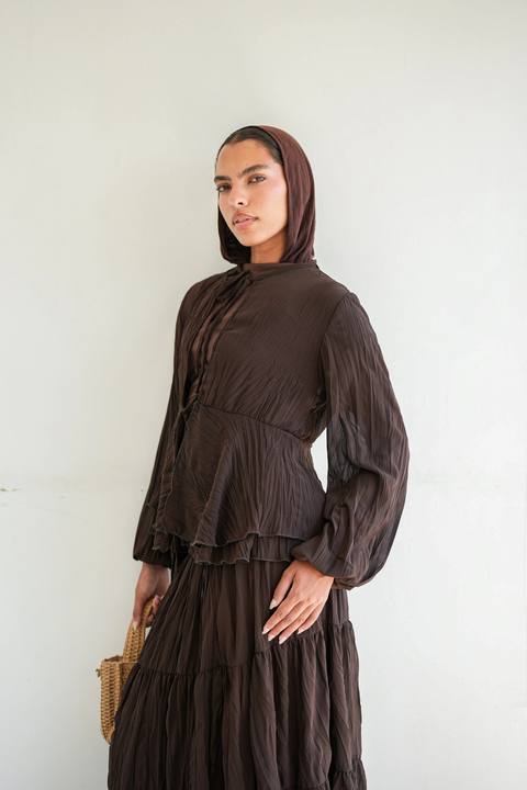 Crinkled Chiffon Top - Brown