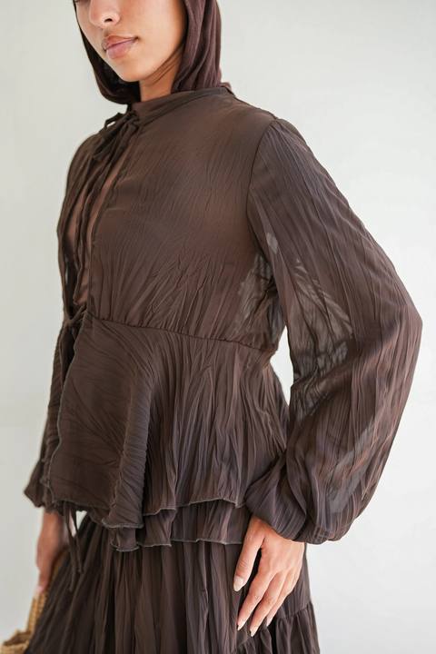 Crinkled Chiffon Top - Brown
