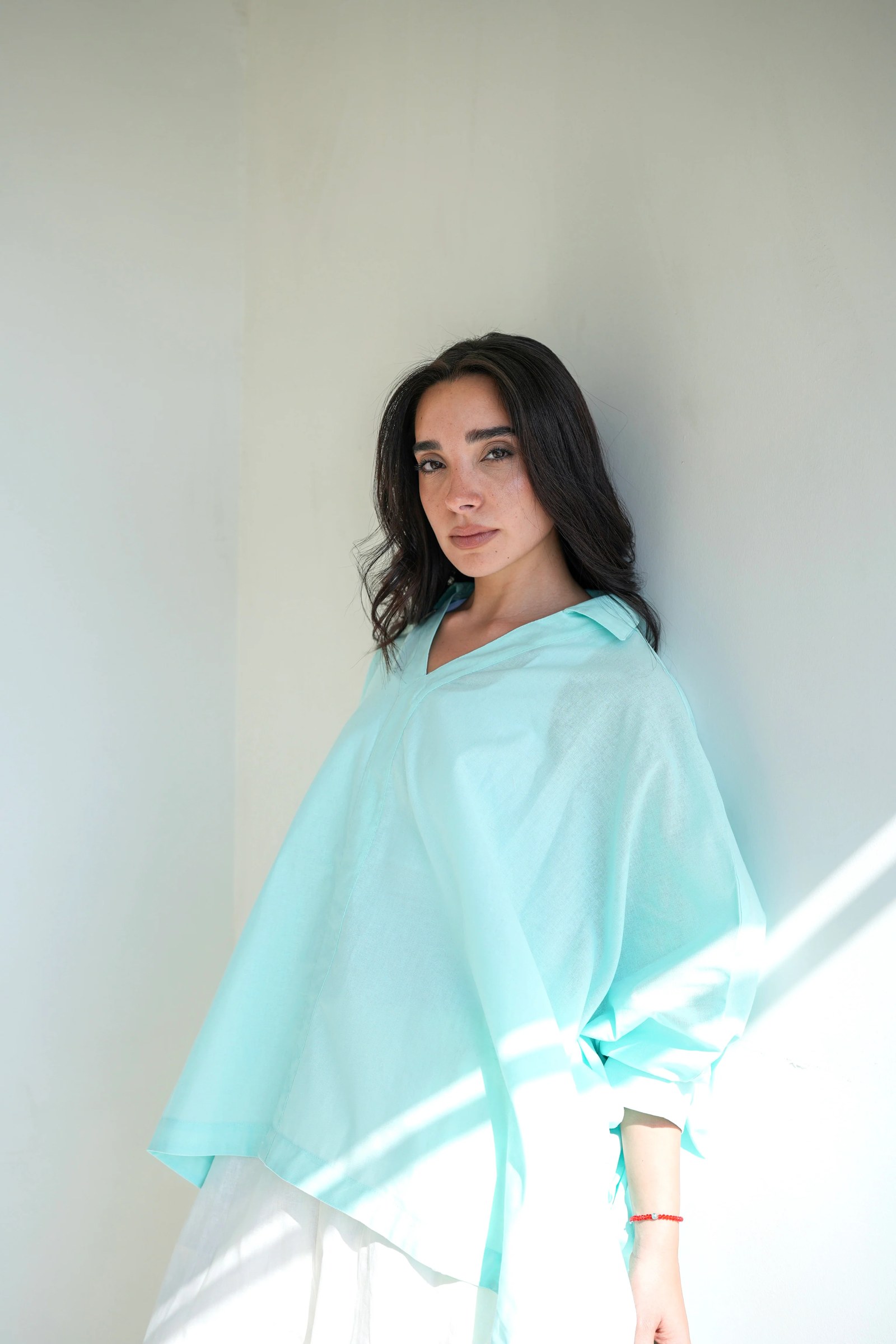 Linen V-Neck Top - Aqua