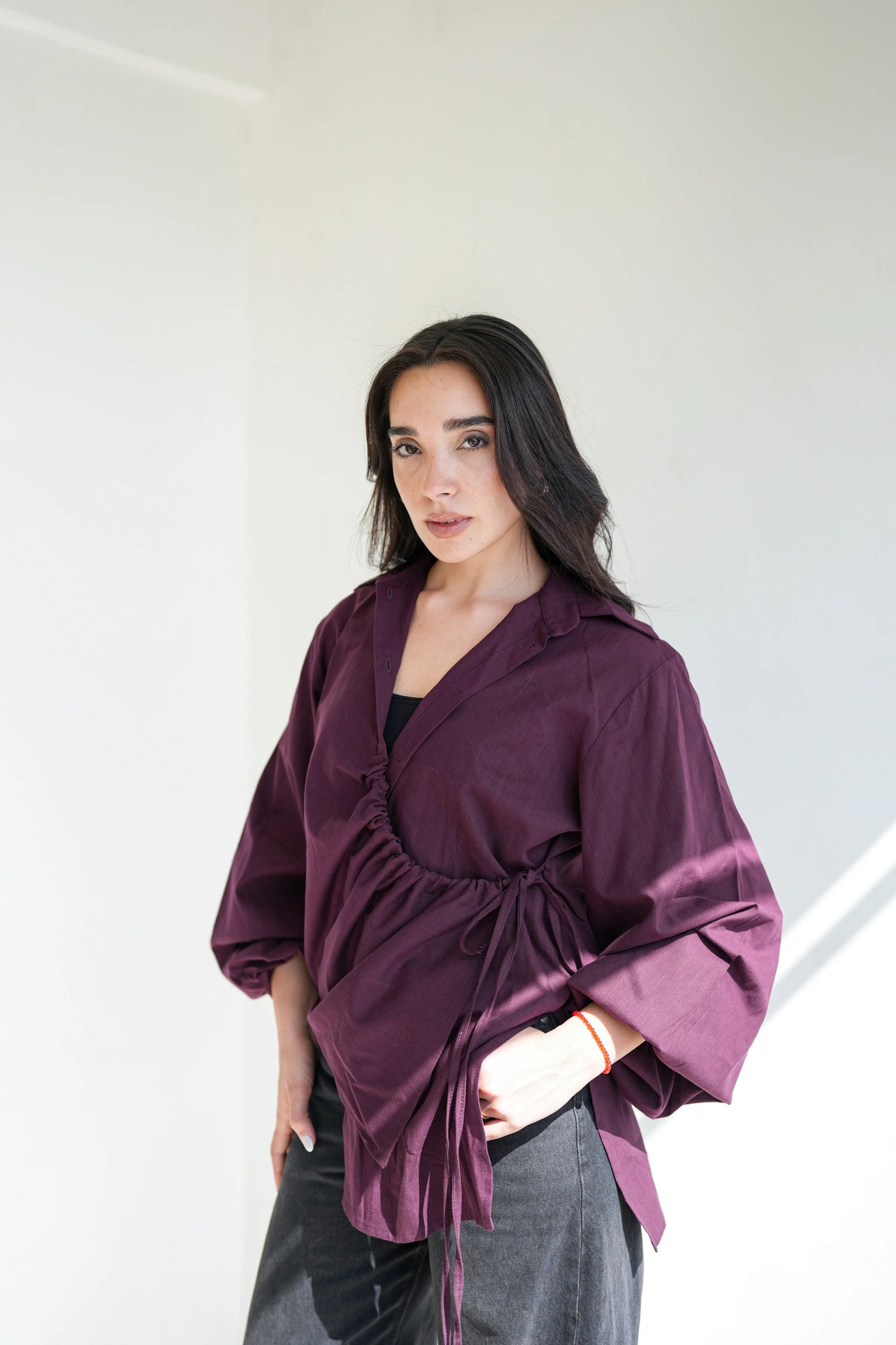 The Wrap Button Shirt - Burgundy