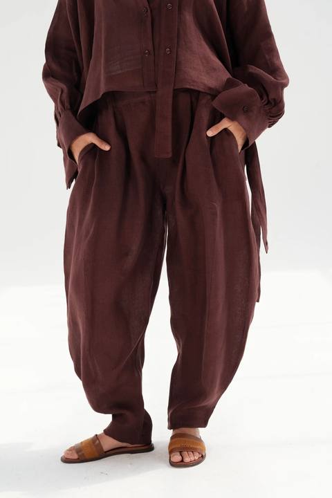 Linen Barrel Pants - Burgundy