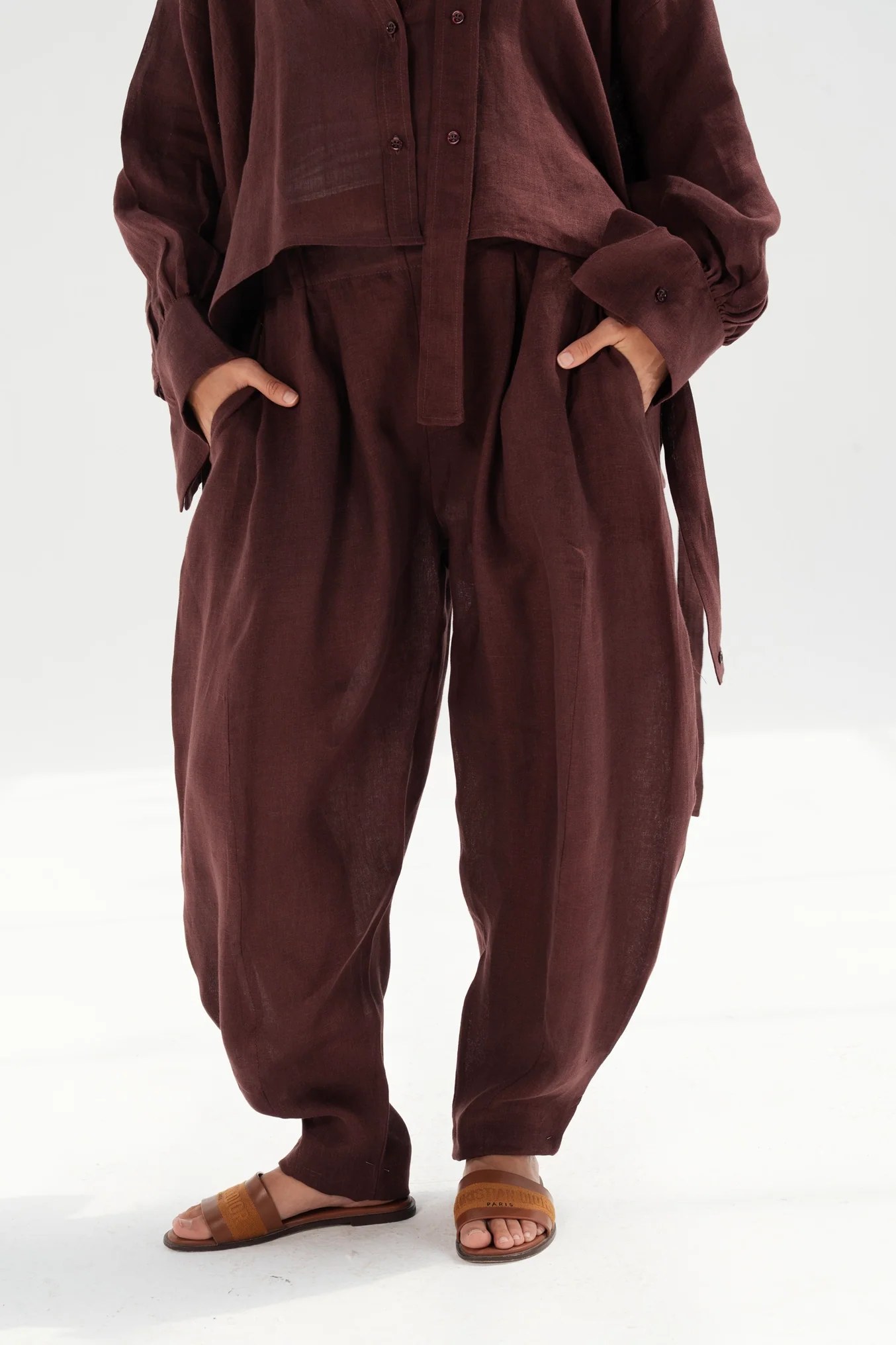 Linen Barrel Pants - Burgundy