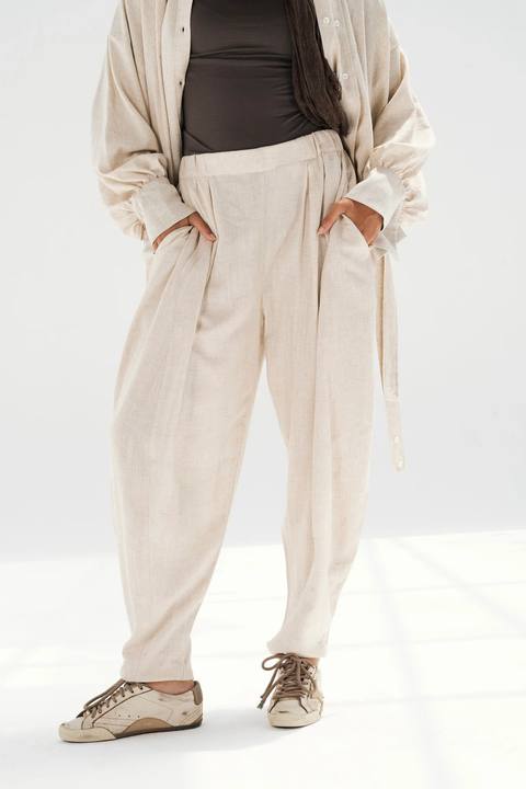 Linen Barrel Pants - Beige
