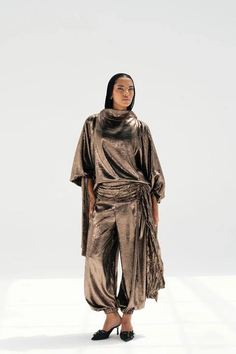 Draped Waist Evening Set - Gold