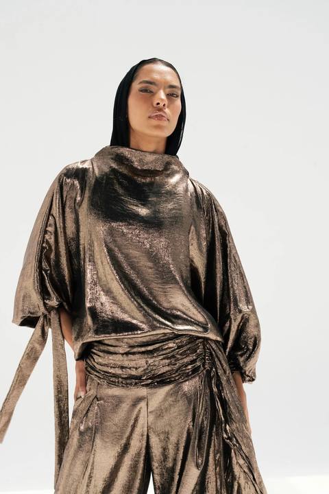 Draped Waist Evening Set - Gold