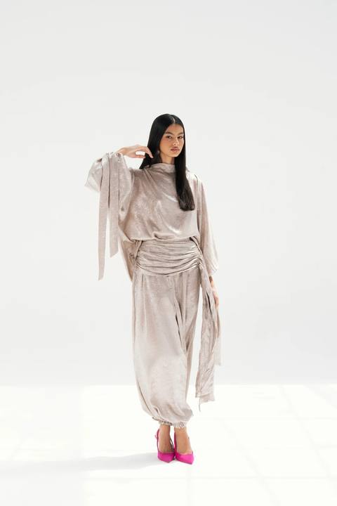 Draped Waist Evening Set - Beige