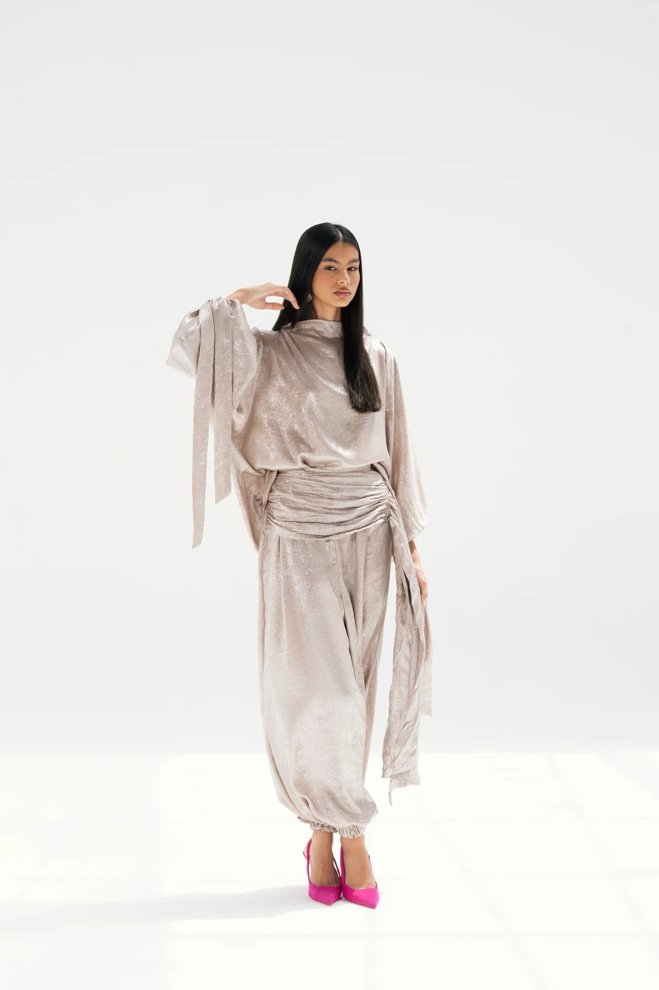 Draped Waist Evening Set - Beige