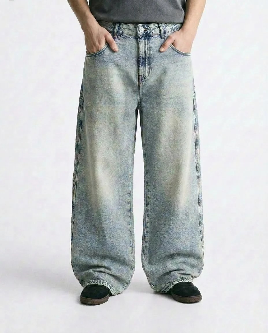 Textured Acid-Wash Wide-Leg Jeans