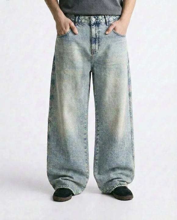 Textured Acid-Wash Wide-Leg Jeans