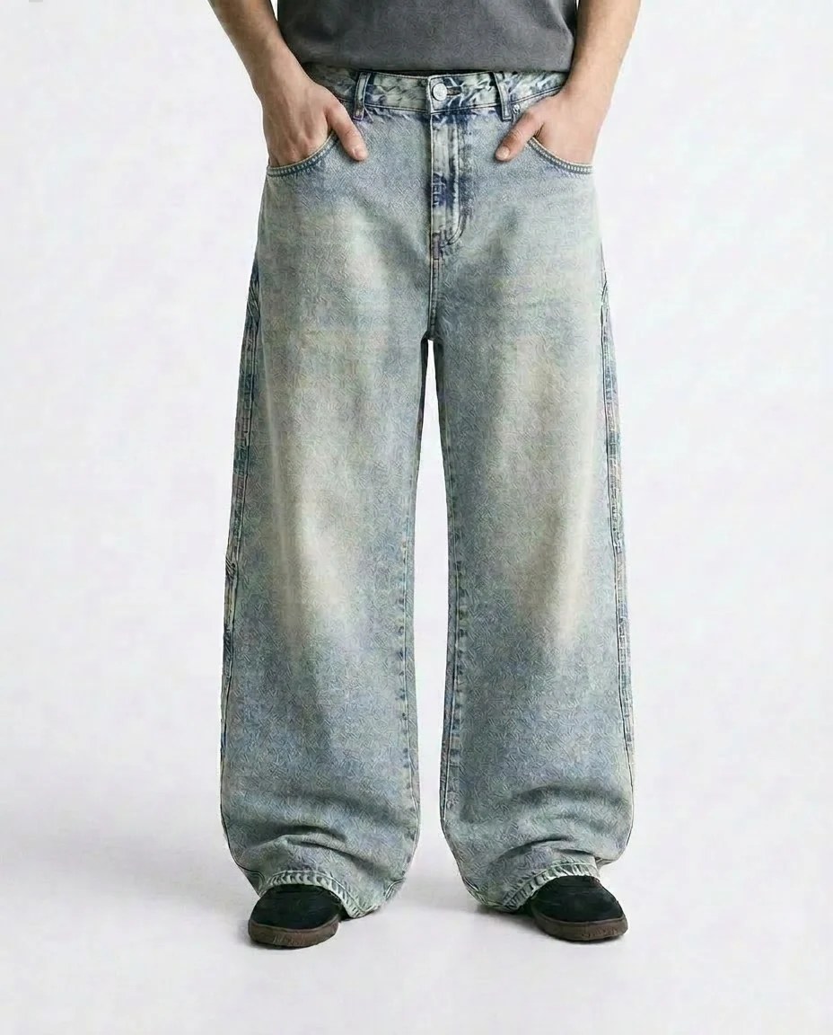 Textured Acid-Wash Wide-Leg Jeans