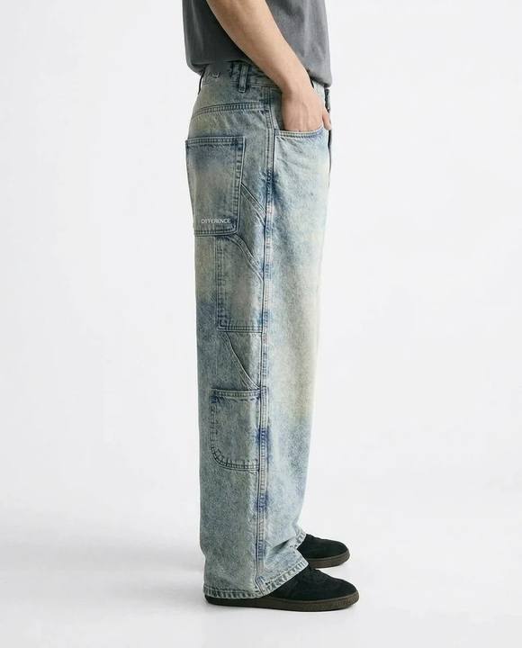 Textured Acid-Wash Wide-Leg Jeans
