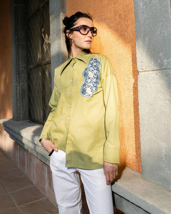 Embroidered Asymmetrical Shirt - Pistachio