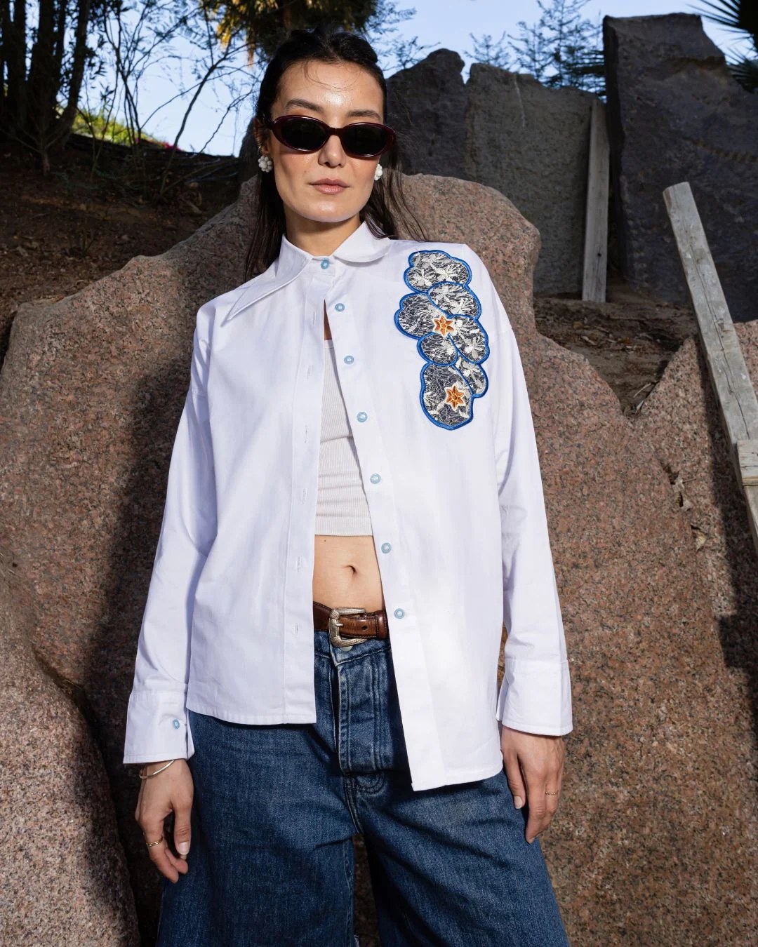 Embroidered Asymmetrical Shirt - White