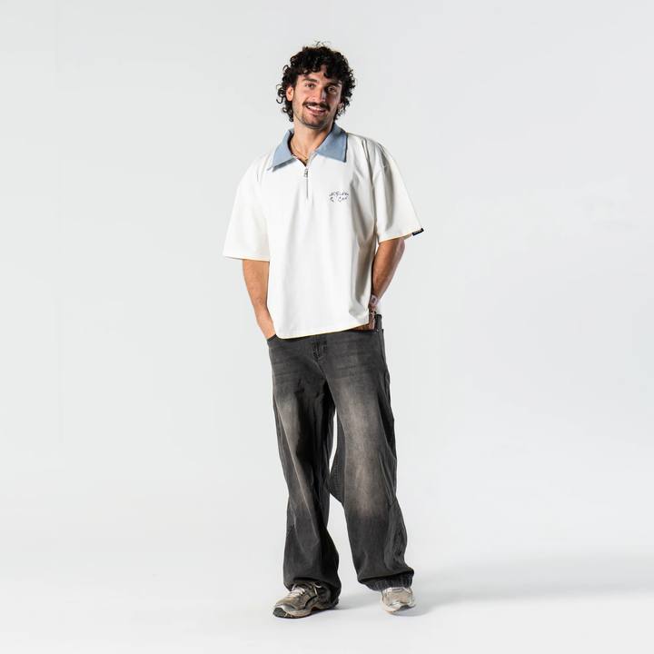 Denim Collared Polo Shirt - White
