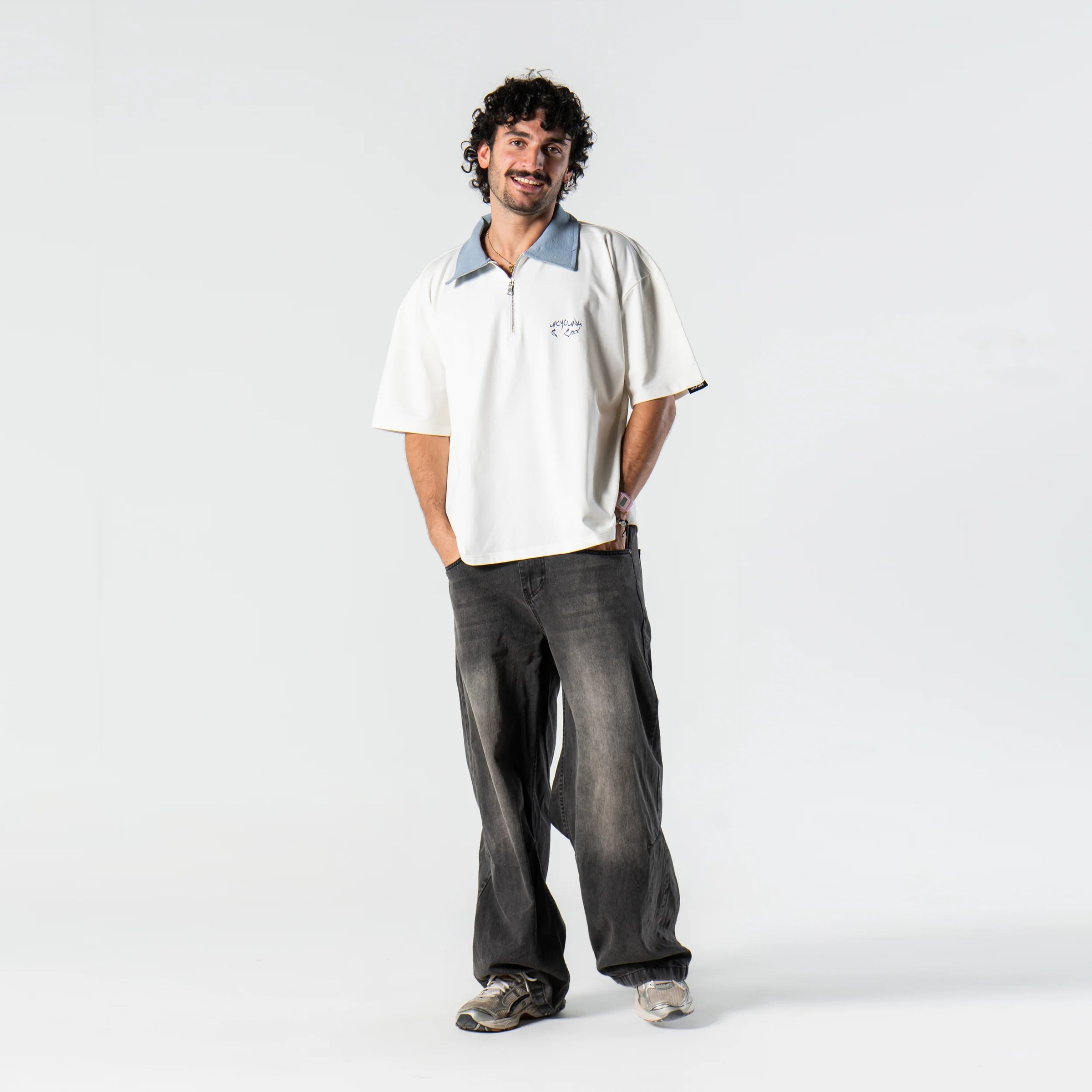 Denim Collared Polo Shirt - White