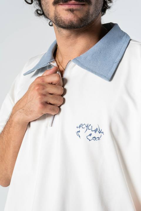 Denim Collared Polo Shirt - White