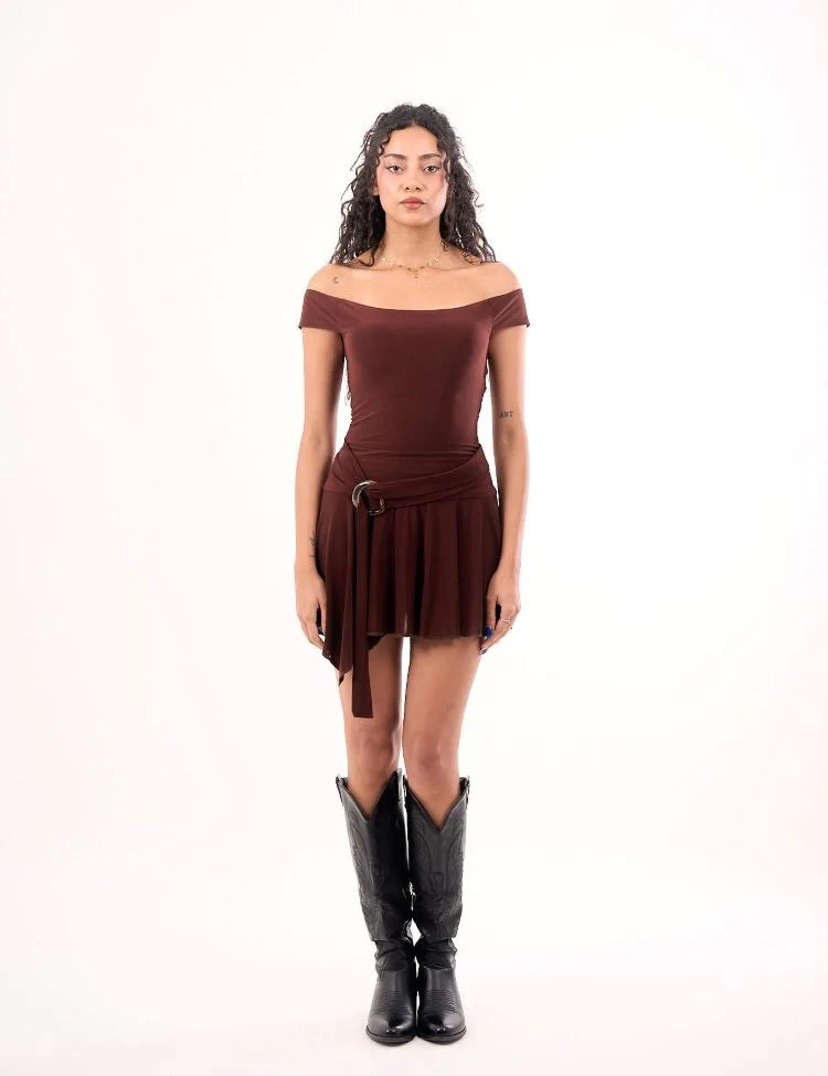 Off-Shoulder Cocoa Dress with Belt