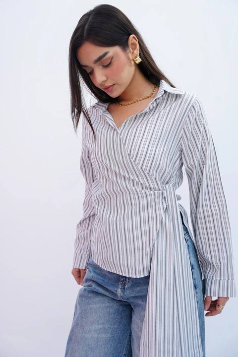 Grey Stripes Wrap Blouse