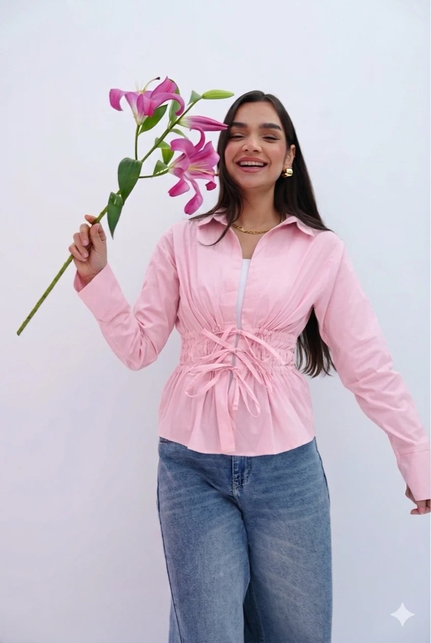 Cinched Ribbons Shirt In Pink