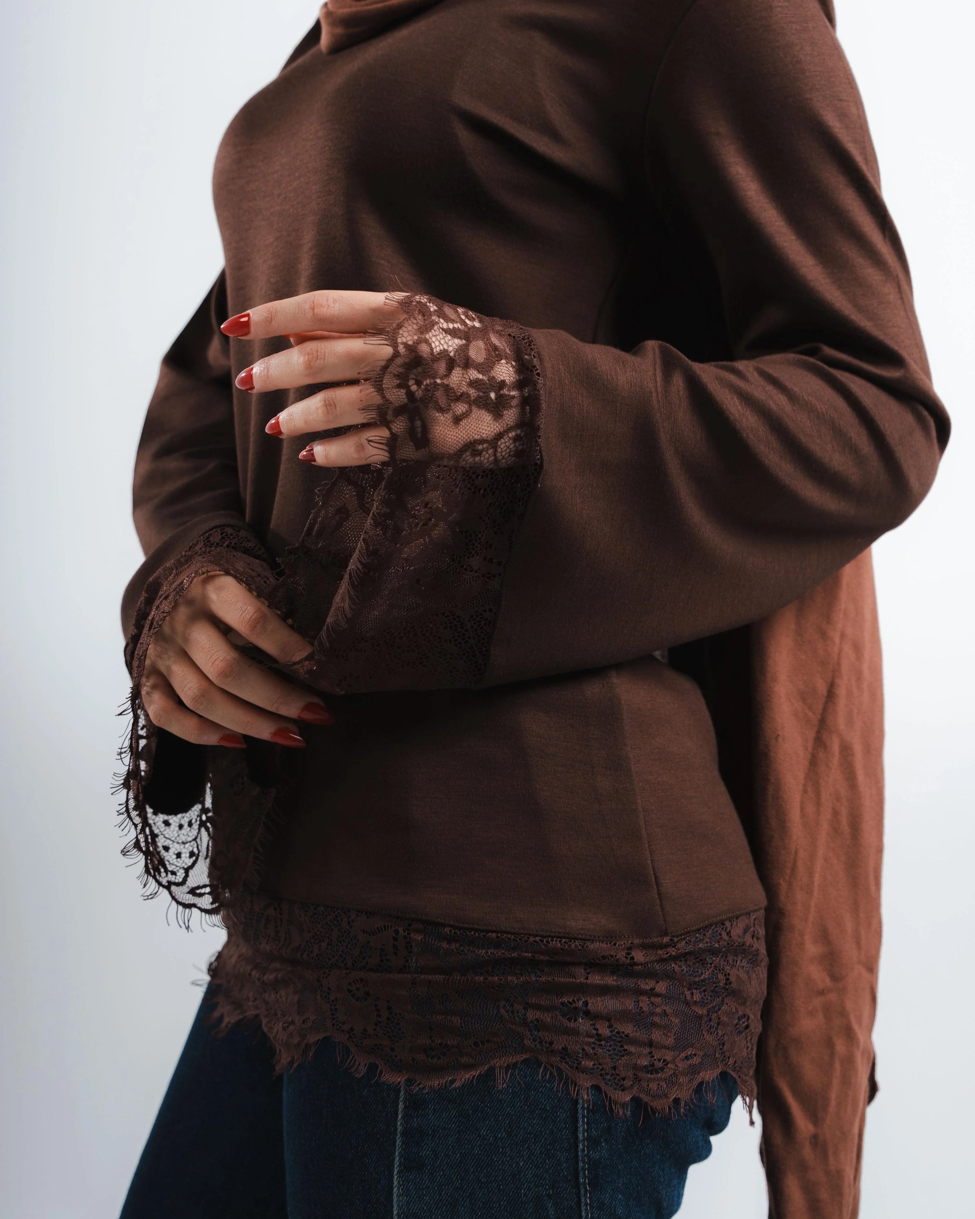 Brown Lace Tee Long Sleeve