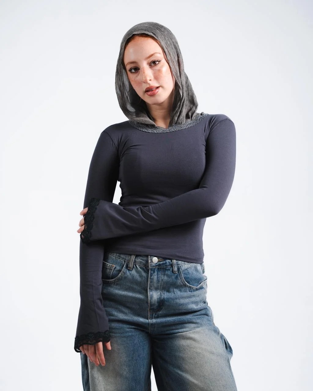 Dark Grey Lace Long sleeve Top