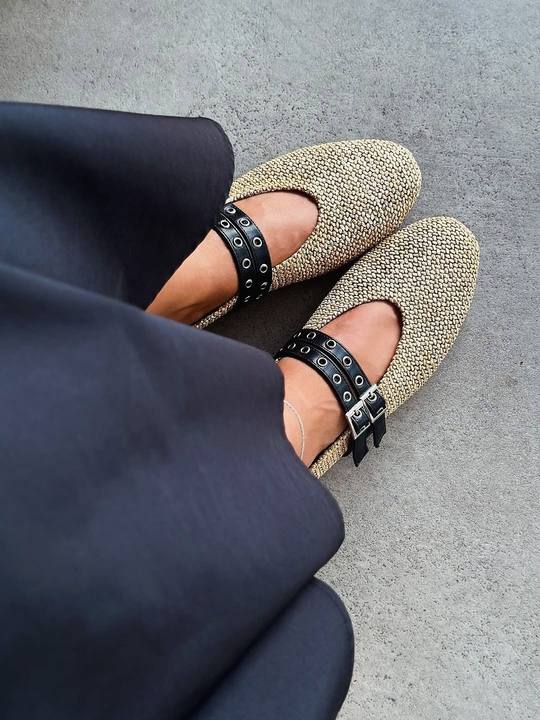 Buckle Straw Ballerinas
