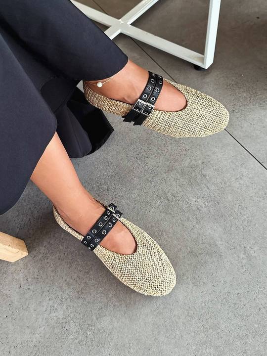 Buckle Straw Ballerinas
