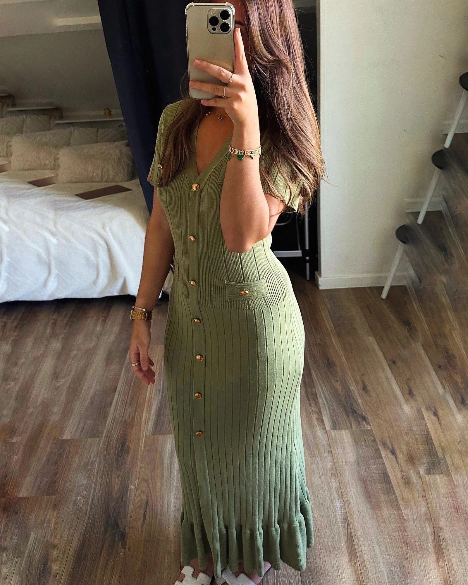 .Green Button Front Dress