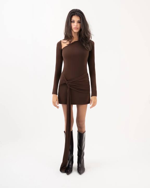 Miroir Asymmetric Neck Dress Brown