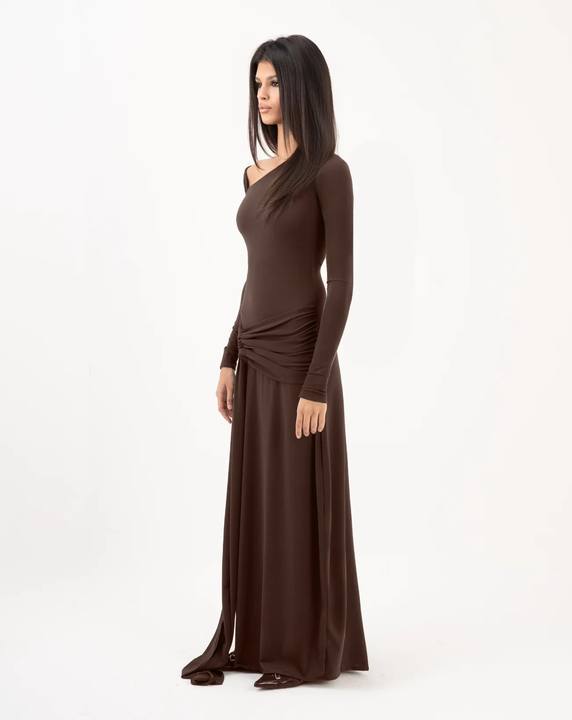 Miroir Maxi Asymmetric Neck Dress Brown