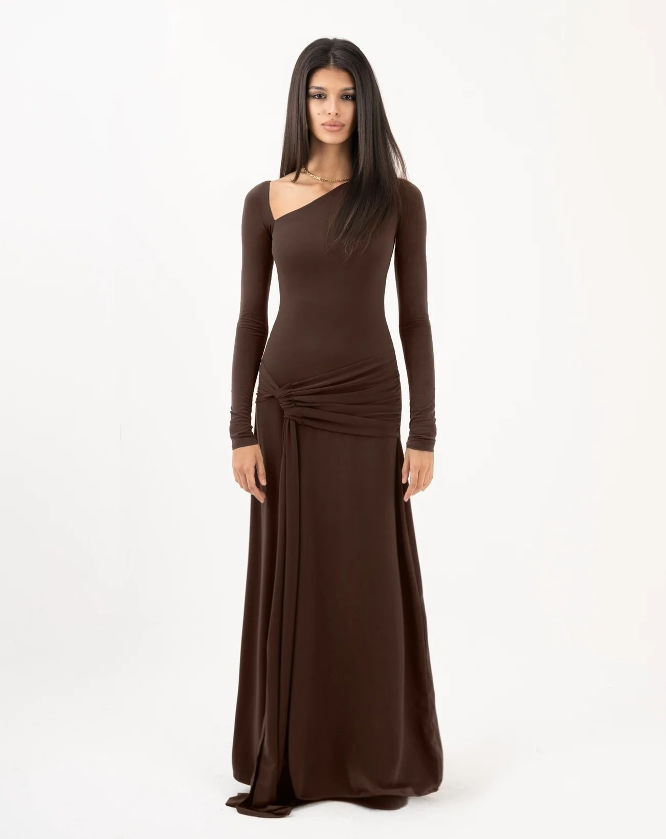 Miroir Maxi Asymmetric Neck Dress Brown